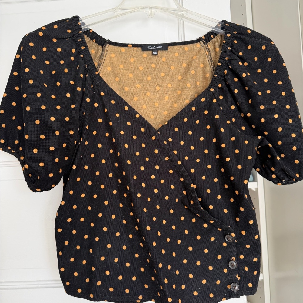 Madewell Black and Tan Polka Dot Wrap Top